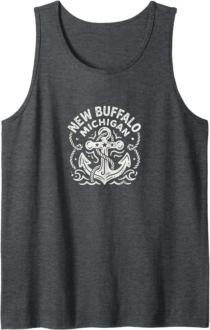 CoastlineCotton - New Buffalo Michigan New Buffalo Michigan Cute Anchor Nautical Boating Tank Top - Dark Heather Grey