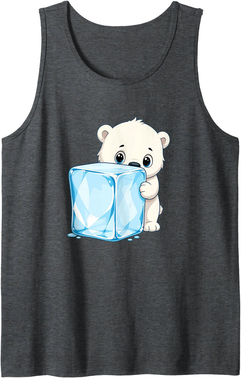 Cute Polar Bear Ice Cube Arctic Kawaii Adorable Baby Polar Bear Hugging Big Ice Cube Tank Top - Dark Heather Grey