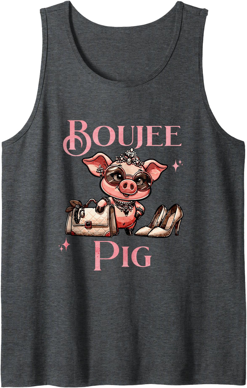 Stylish Swine Designs Boujee Pig with Sparkle and Style Pink Fashionista Tank Top - Dark Heather Grey