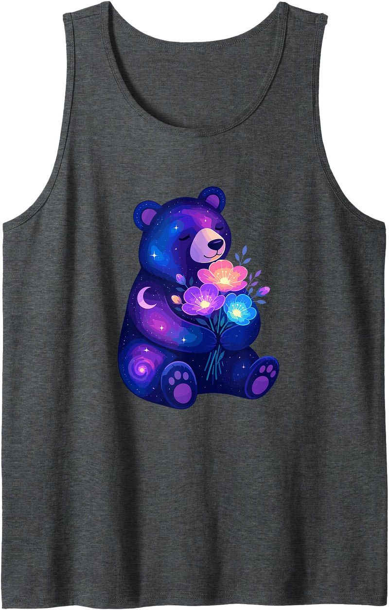 Galaxy Bear Space Flowers Cute Cosmic Night Cosmic Night Bear with Colorful Space Flowers Tank Top - Dark Heather Grey
