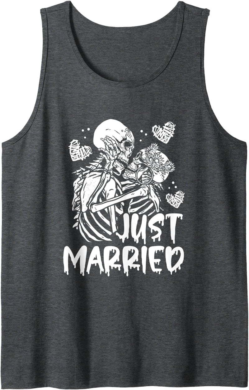 Just Married Halloween Newlywed Couple Just Married Halloween Skeleton Bride And Groom Wedding Tank Top - Dark Heather Grey