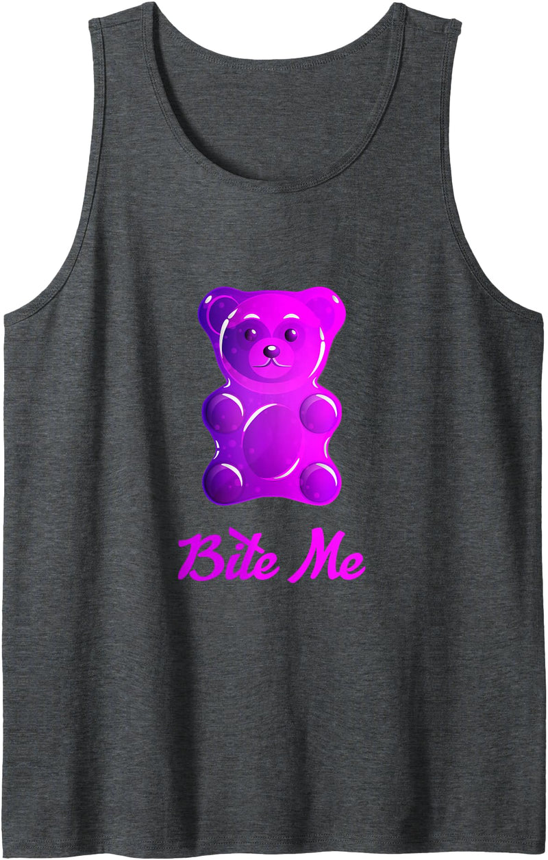Bahaa's Tee Cool Bite Me Colorful Gummy Bear Candy Illustration Graphic Tank Top - Dark Heather Grey