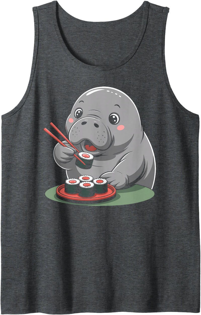 Manatee Sea Cow Lover Floaty Potato Ocean Cute Kawaii Manatee Ocean Animal Eating Sushi Tank Top - Dark Heather Grey