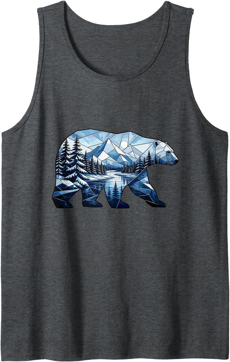 Wild Bear Mountain Forest Nature Landscape Geometric Polar Bear Winter Mountain Scene Tank Top - Dark Heather Grey