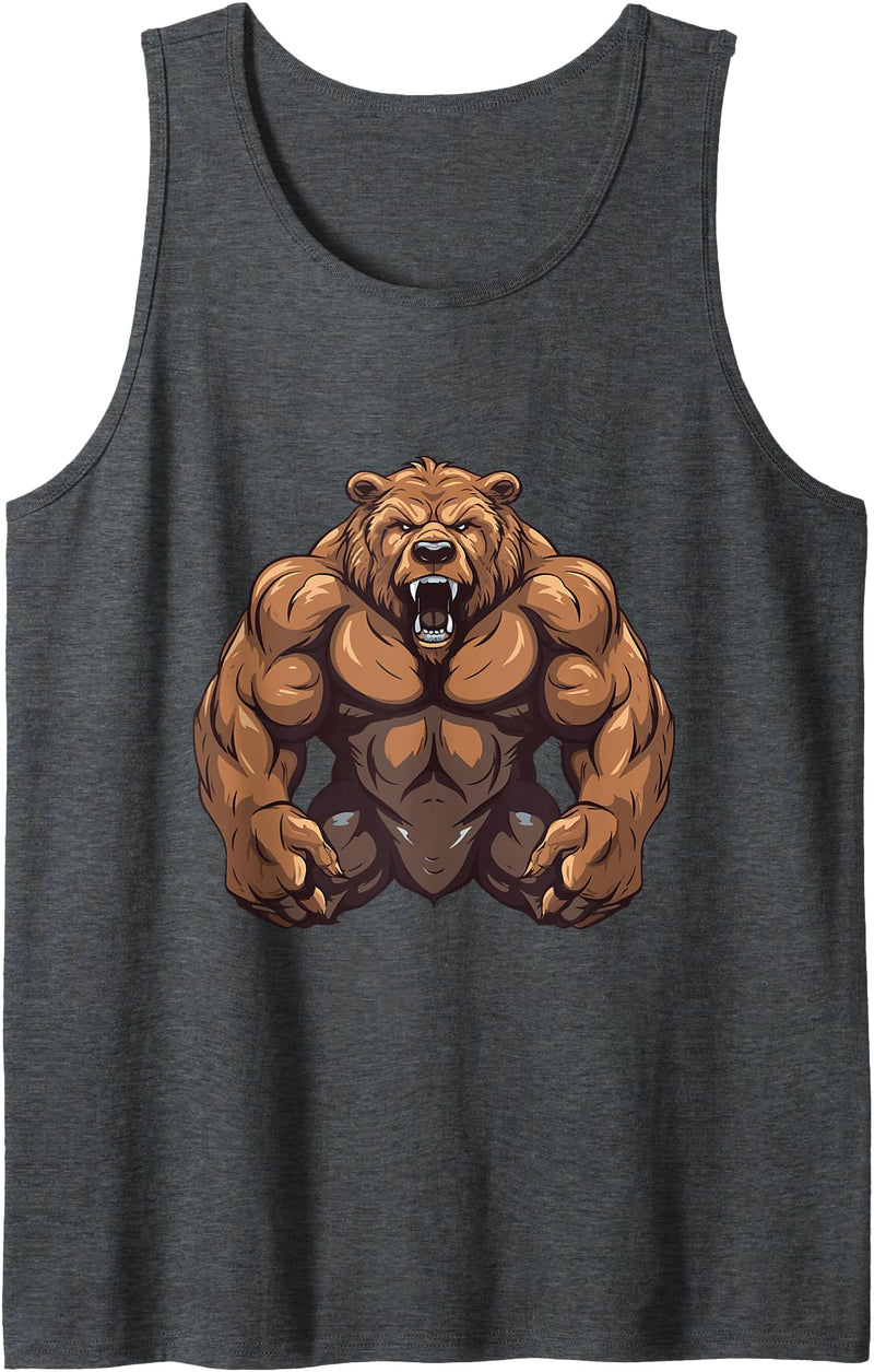 Workout Power Mood Inc Grizzly Bear WIth Muscles Workout Gym MMA Fighter Tank Top - Dark Heather Grey