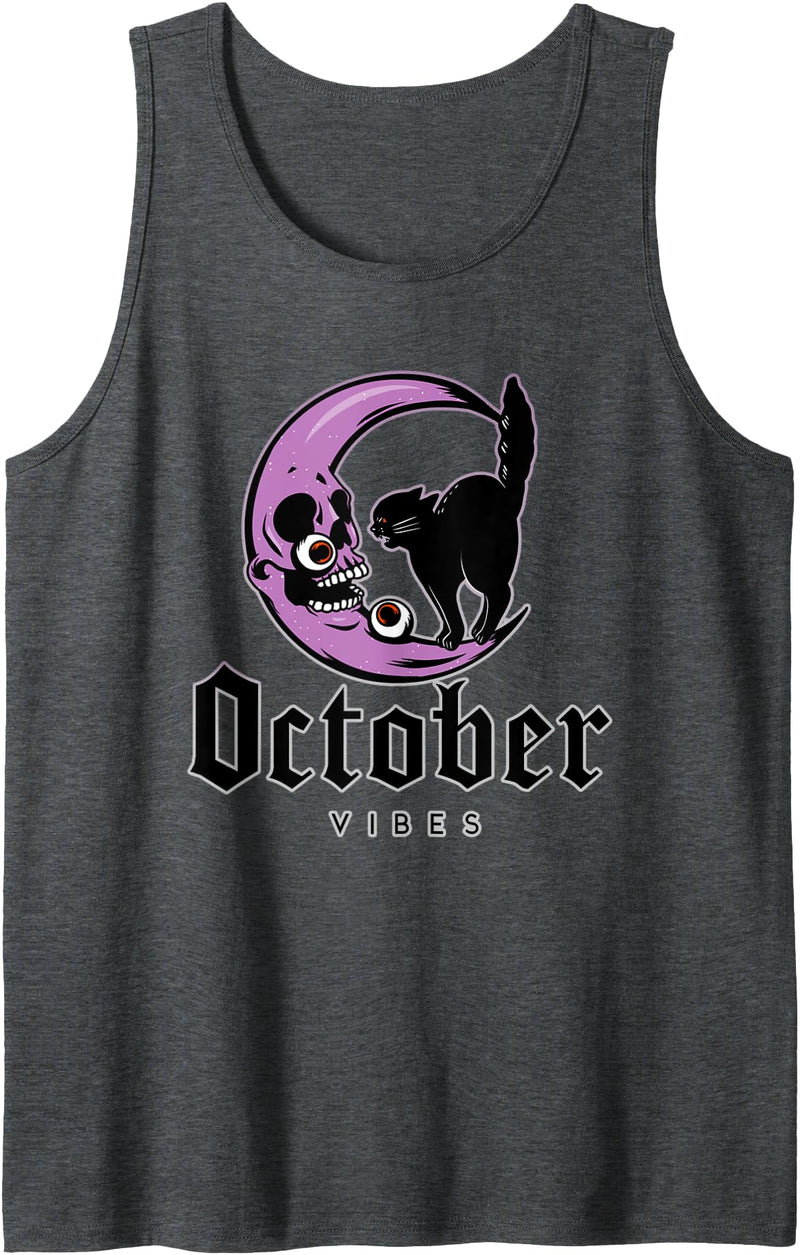 Night Creatures October Vibes Moon Black Cat Halloween Goth Gothic Tank Top - Dark Heather Grey