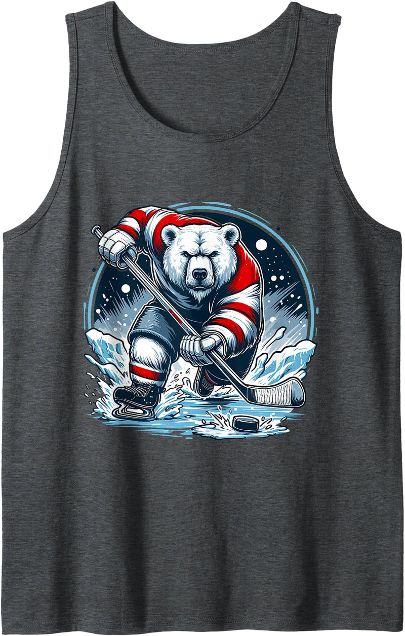 Hockey Player Love Polar Bear Hockey Bear on Ice: A Funny Polar Bear Playing Hockey Tank Top - Dark Heather Grey