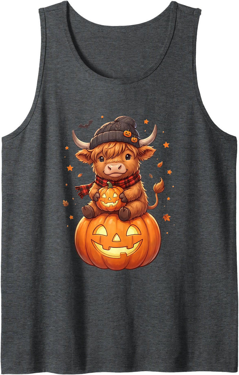 Spooky Highland Moo Crew Women Girls Tees Highland Cow Halloween Cute Pumpkin Autumn Womens Girls Tank Top - Dark Heather