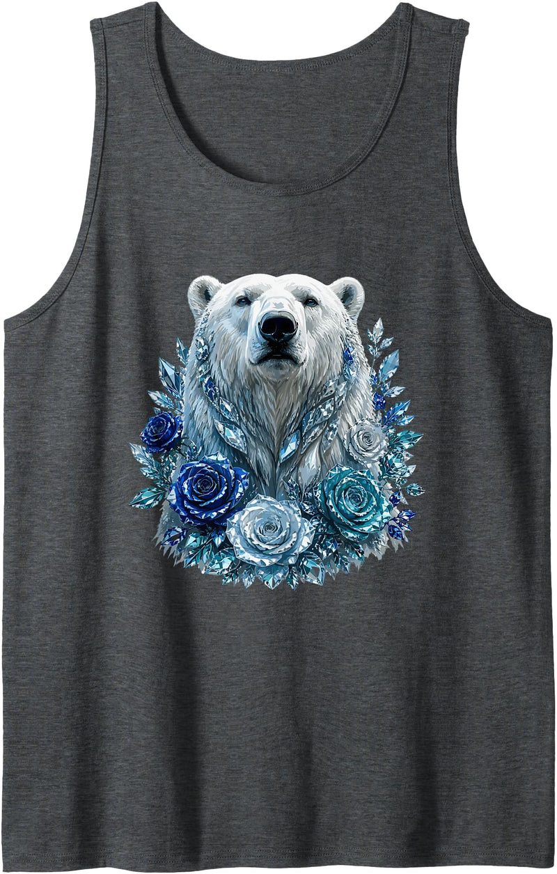 Arctic Polar Bear Crystal Rose Winter Spirit Majestic Polar Bear with Blue Ice Crystal Roses Tank Top - Dark Heather Grey