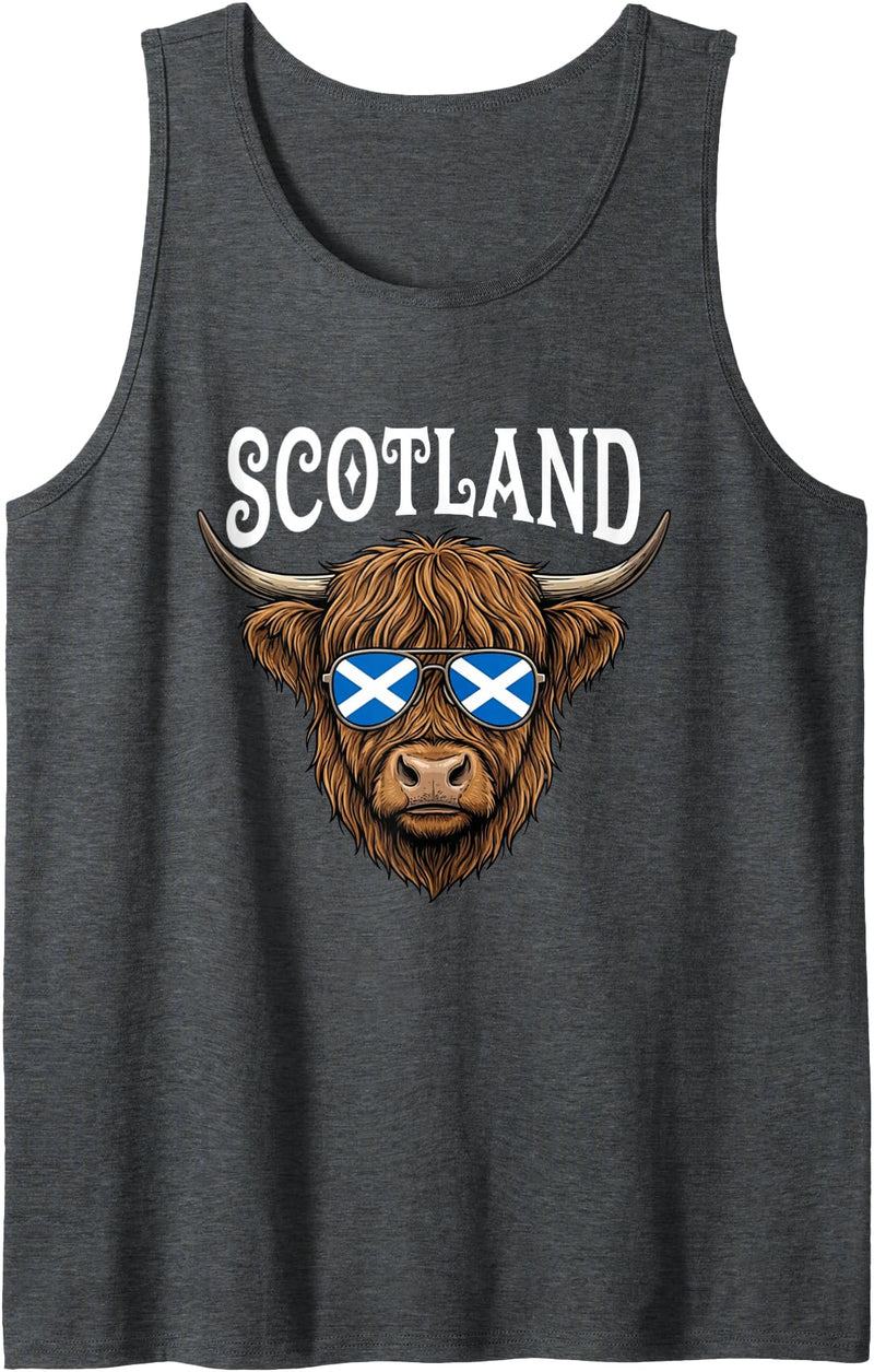 Scottish Scotland Designs By LBOL Scotland Highland Cow Sunglasses Saltire Flag Tank Top - Dark Heather Grey