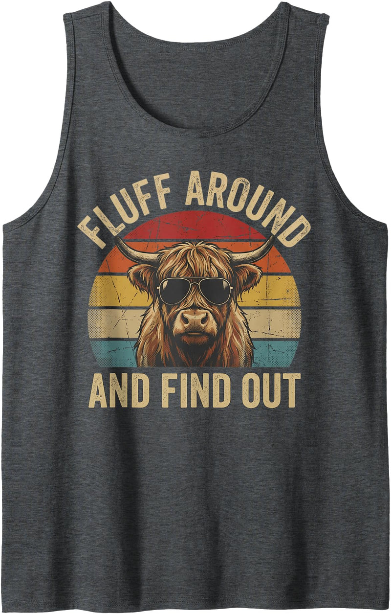 Funny Highland Cow Western Humor Fluff Around and Find Out Funny Retro Highland Cow Sunglasse Tank Top - Dark Heather Grey