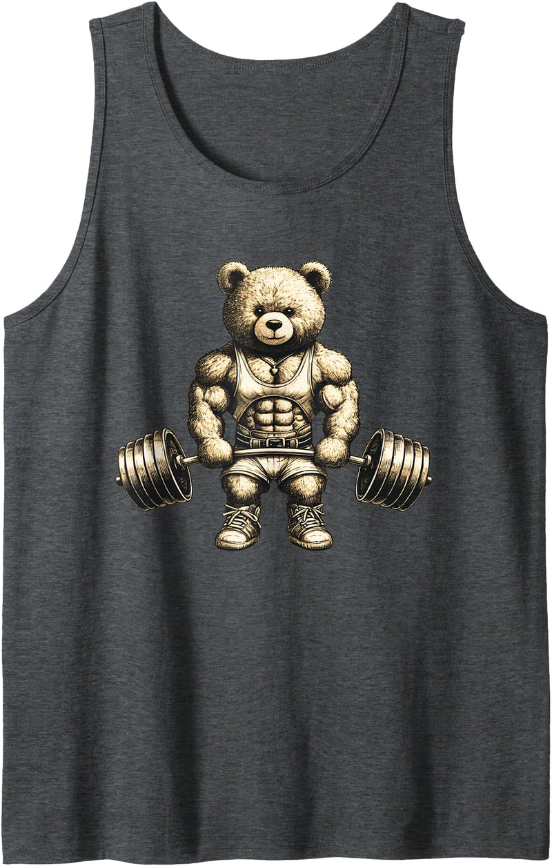 Funny Barbell Gym Graphic Tees for Women Men Kids Funny Teddy Bear Lifting Weights Gym Workout Animal Shirts Tank Top - Dark Heather Grey
