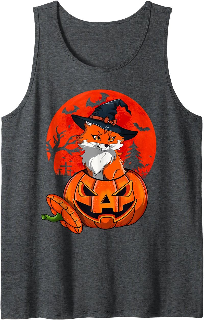 Funny Halloween, Pumpkin, Cute Fox Witch Cute Fox Witch Halloween Pumpkin Moon, Funny Fox Halloween Tank Top - Dark Heather