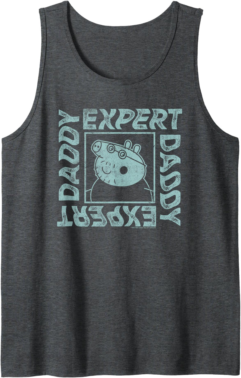 Mens Peppa Pig Father's Day Expert Daddy Vintage Faded Box Logo Tank Top - Dark Heather Grey