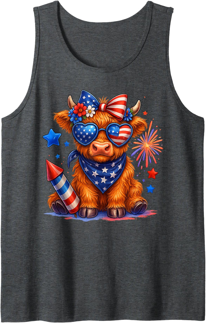Cute Coquette Highland Cow 4th Of July Patriotic 4th Of July Highland Cow Coquette Firework USA American Farm Tank Top -