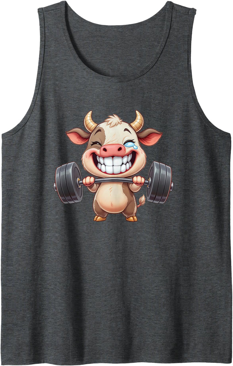 Cute Gym Cow Weightlifting Animal Workout Funny Cow Lifting Barbell Strength Workout Fitness Tank Top - Dark Heather Grey