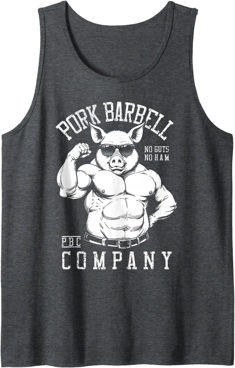 Grandio Design Sports Training And Fitness Pork Barbell Company Funny Gym Buff Pig Bodybuilding Fitness Tank Top - Dark Heather Grey