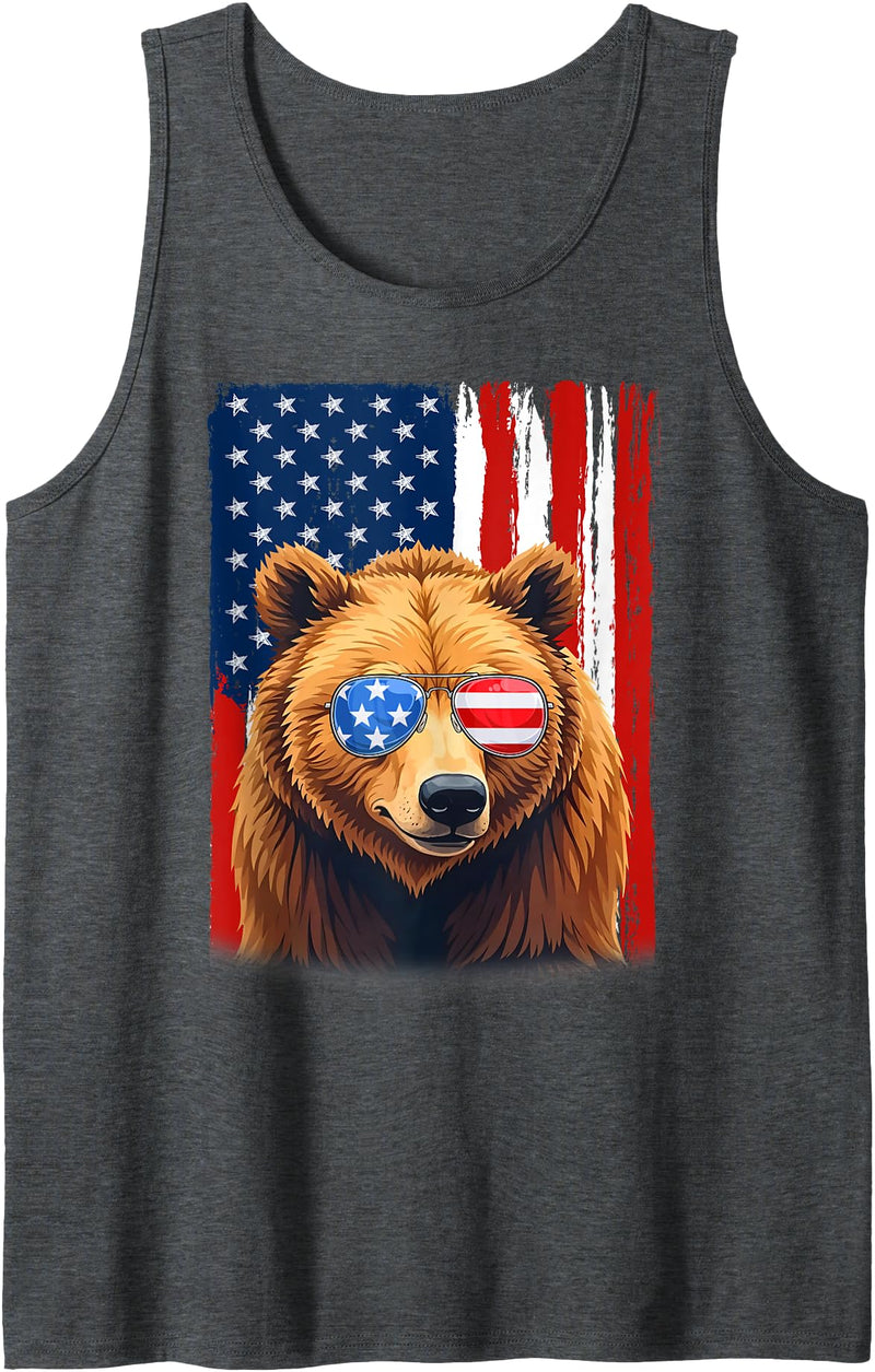 Patriotic USA Flag Grizzly Bear 4th of July Co. Grizzly Bear US America Flag Men Women 4th of July Patriotic Tank Top - Dark Heather Grey