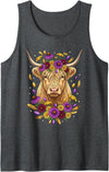 Boho Scottish Highlander Cow Apparel Cute Floral Boho Scottish Highlander Cow Wildflower Graphic Tank Top - Dark Heather Grey