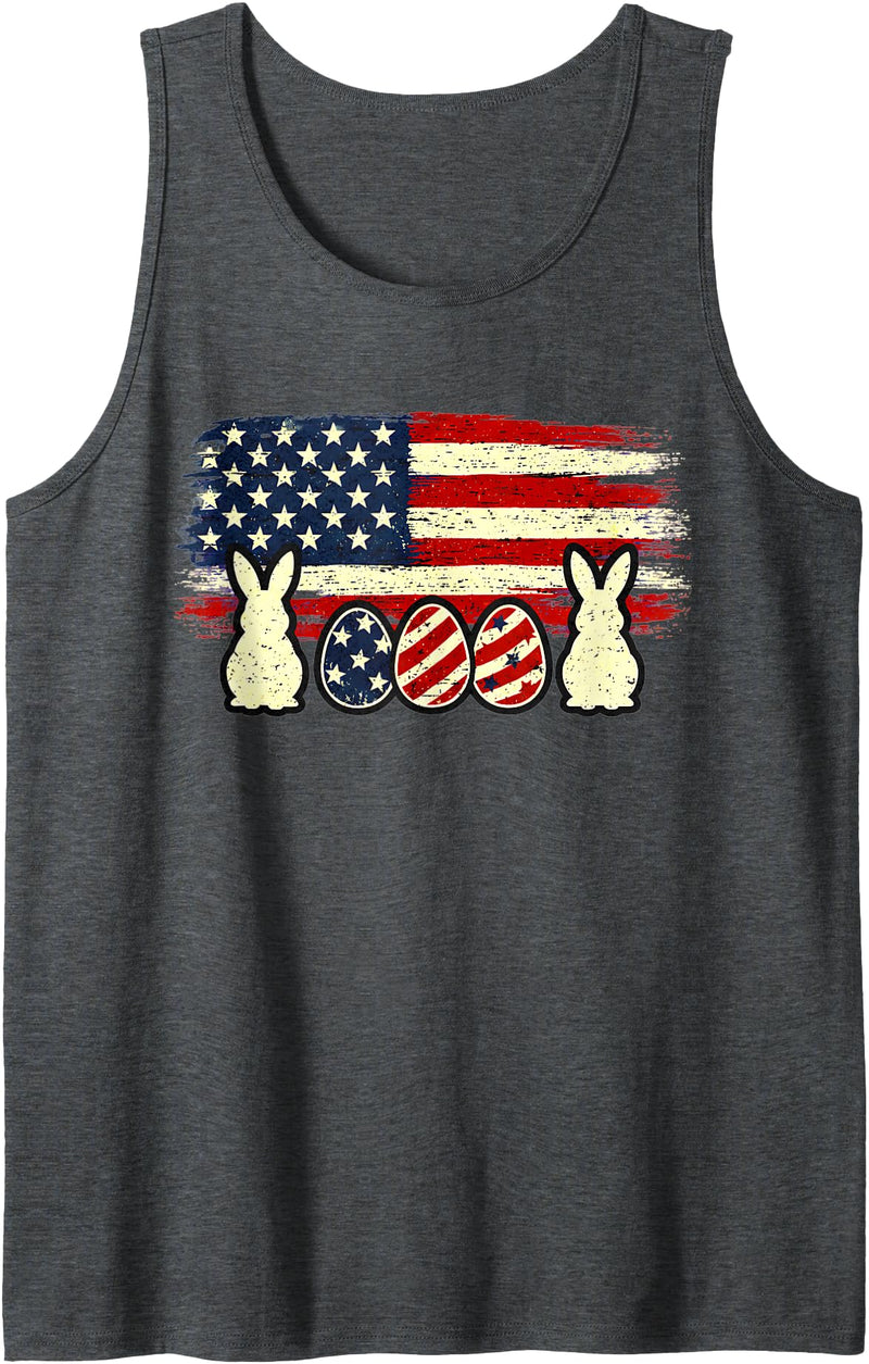 Easter Egg Bunny American Flag Patriotic USA Men Women Tank Top in Dark Heather Grey