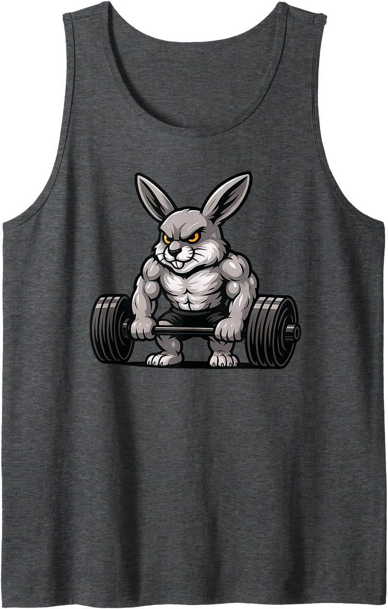 Rabbit Weightlifting Bodybuilder Workout Gym Pet Lover Tank Top in Dark Heather Grey