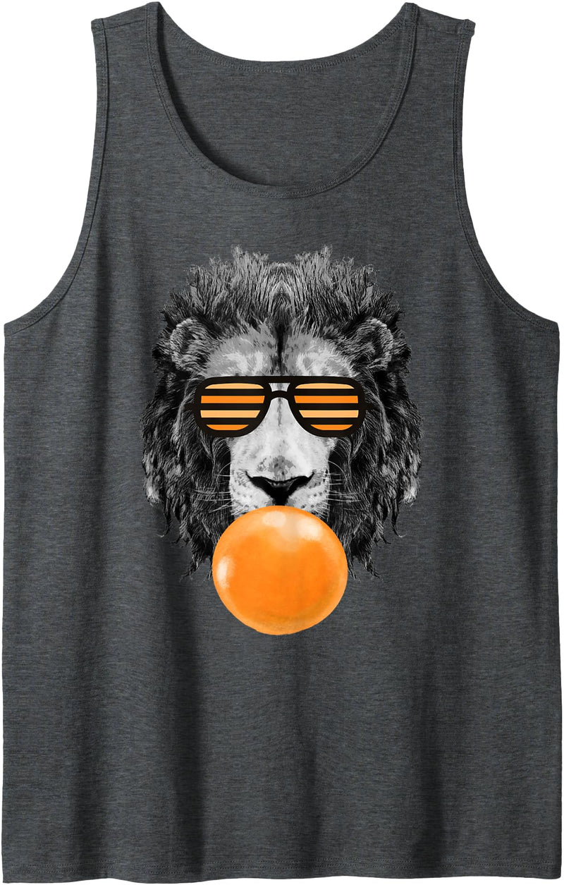 Bubble Gum Animals Lions Face Kids, Women, Men Orange Bubble Gum Lion Stripe Sunglasses Lion Head Tank Top - Dark Heather Grey