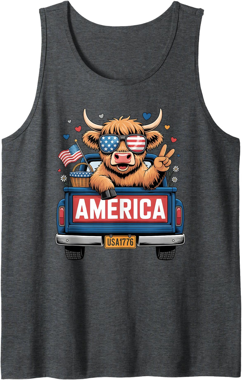 America Highland Cow Fireworks Truck Parade Gifts Patriotic Truck Highland Cow Cute 4th of July American Flag Tank Top -