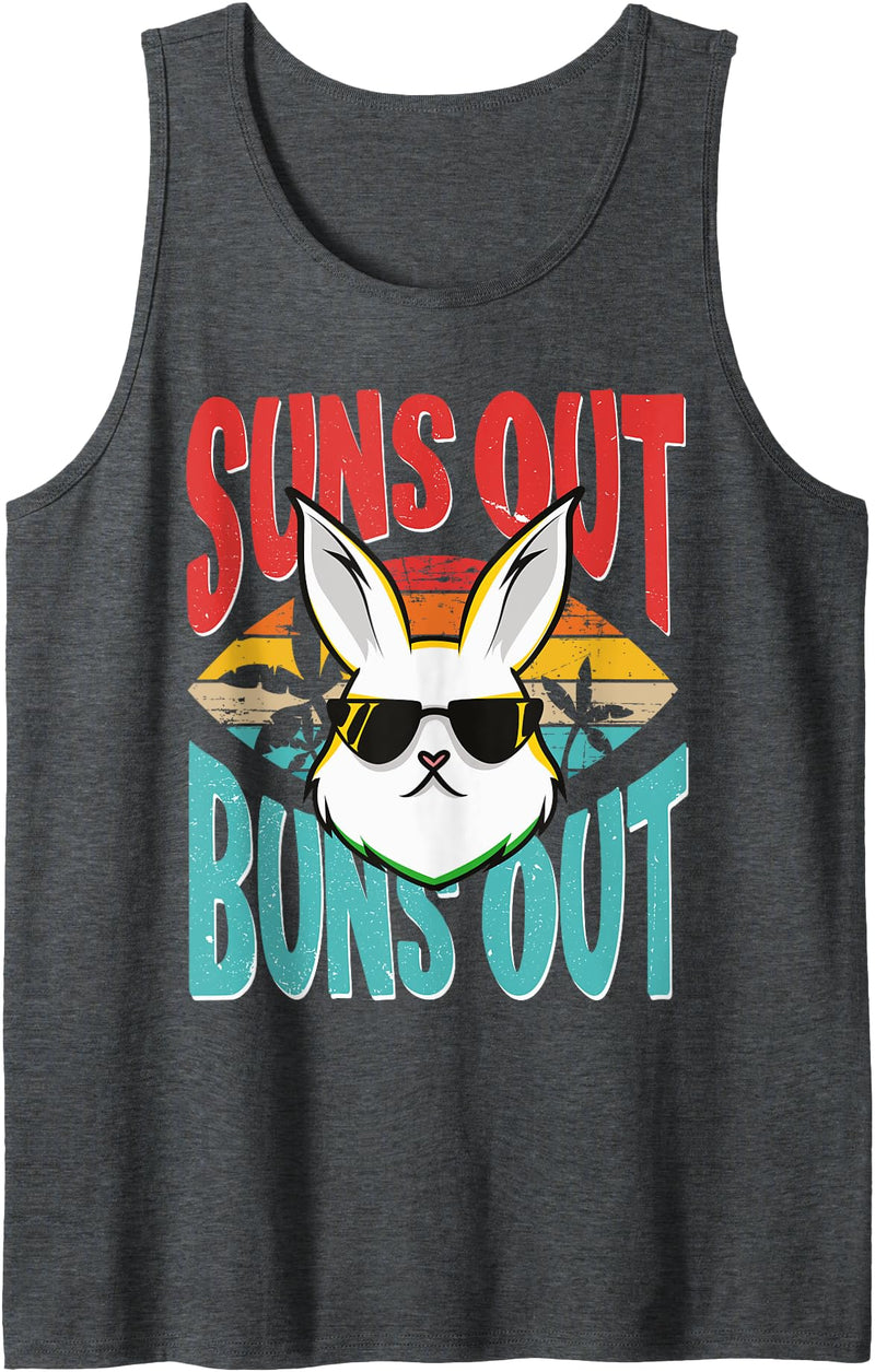 Bunny Lover Suns Out Buns Out Easter Rabbit Tank Top in Dark Heather Grey
