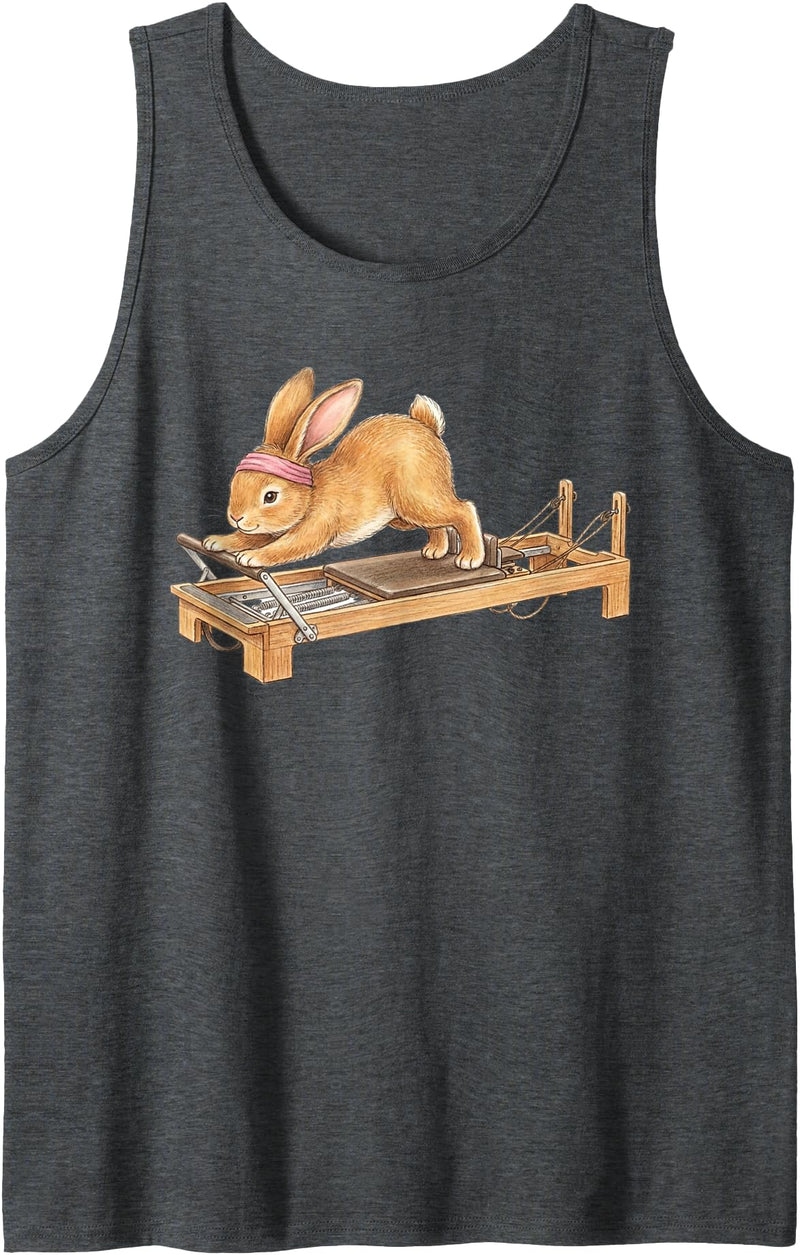 Cute Bunny Doing Reformer Pilates Machine Easter Pilates Tank Top in Dark Heather Grey