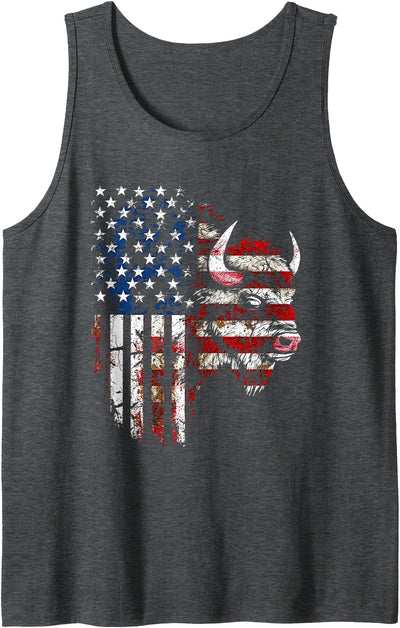 Cow Vintage Buffalo Head with American Flag Overlay Tank Top