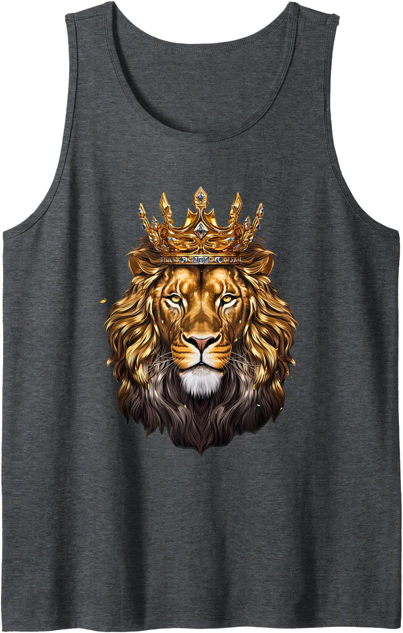Christian Lion of Judah Art for Faith and Worship Lion Head Golden Crowned Biblical Lion of Judah Tank Top - Dark Heather Grey