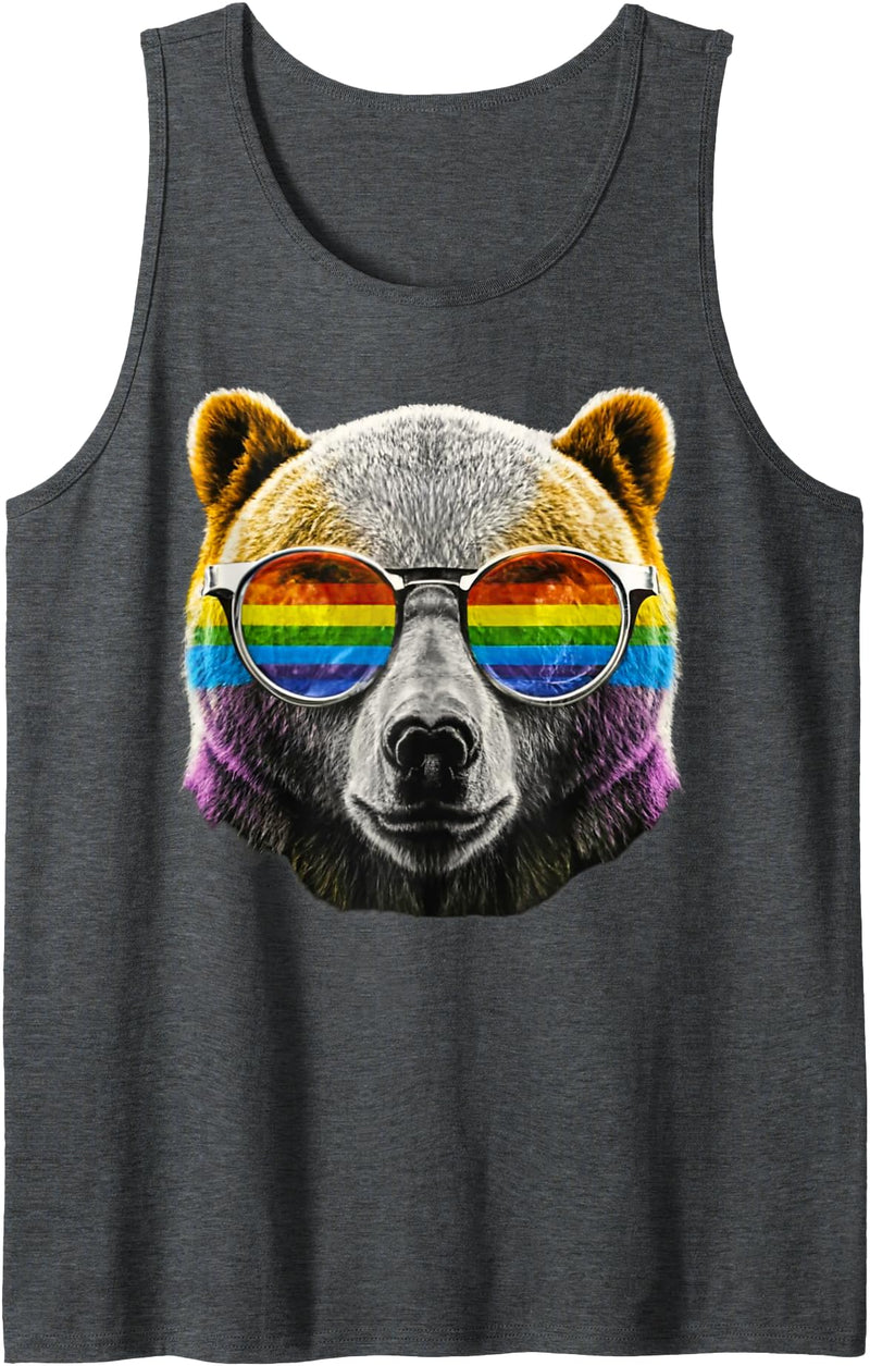 Gay Daddy Bear Funny LGBT Gay Pride LGBTQIA Gifts Mens Gay Bear LGBTQ Rainbow Sunglasses Pride Flag Daddy Bear Tank Top - Dark Heather Grey