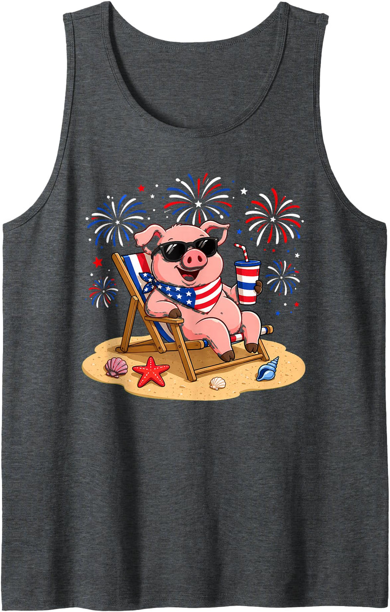 Pig Patriotic Happy Beach Paws Co 4th of July Pig Happy Beach Patriotic Animal Lovers Tank Top - Dark Heather Grey