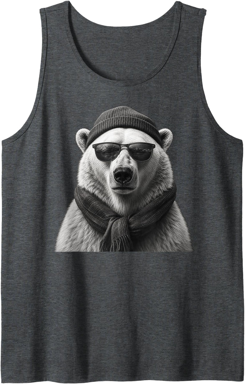 Polar Bear Enthusiast Polar Bear in Sunglasses Monochrome Illustration Tank Top - Dark Heather Grey