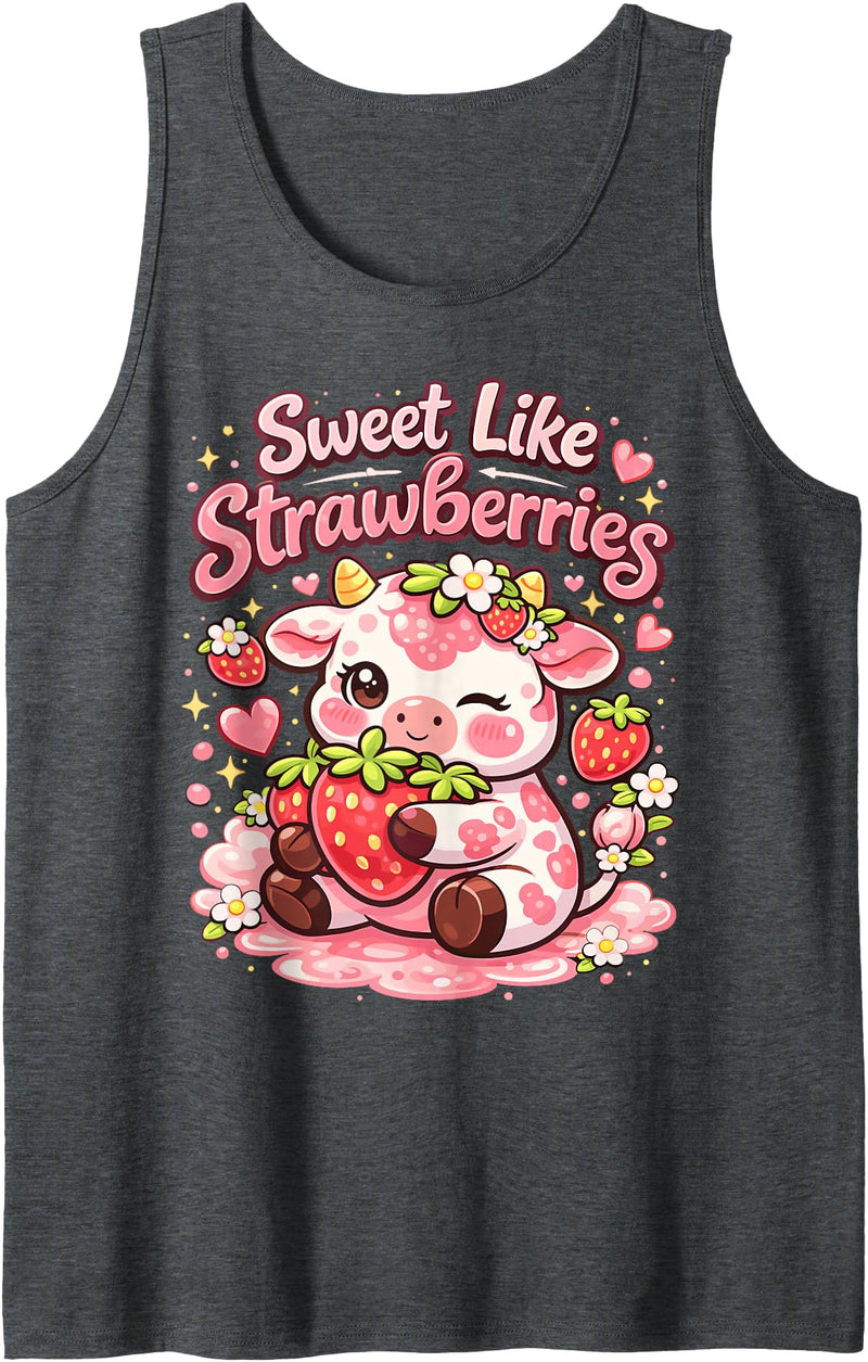 Sweet Like Strawberries Cute Cow Kawaii Fruit Tank Top - Dark Heather Grey