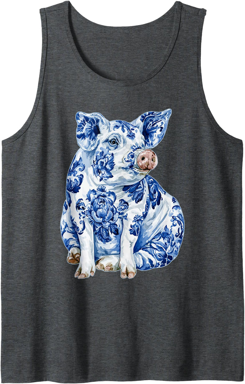 Artistic Blue Floral Animals Art Designs Co Pig with Flowers Chinoiserie Blue Toile Floral Delft Art Tank Top - Dark Heather Grey