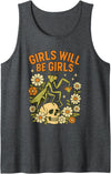 Vintage Dark Humor Feminist Insect Floral Skull Girl Will Be Girls Praying Mantis Retro Halloween Tank Top - Dark Heather