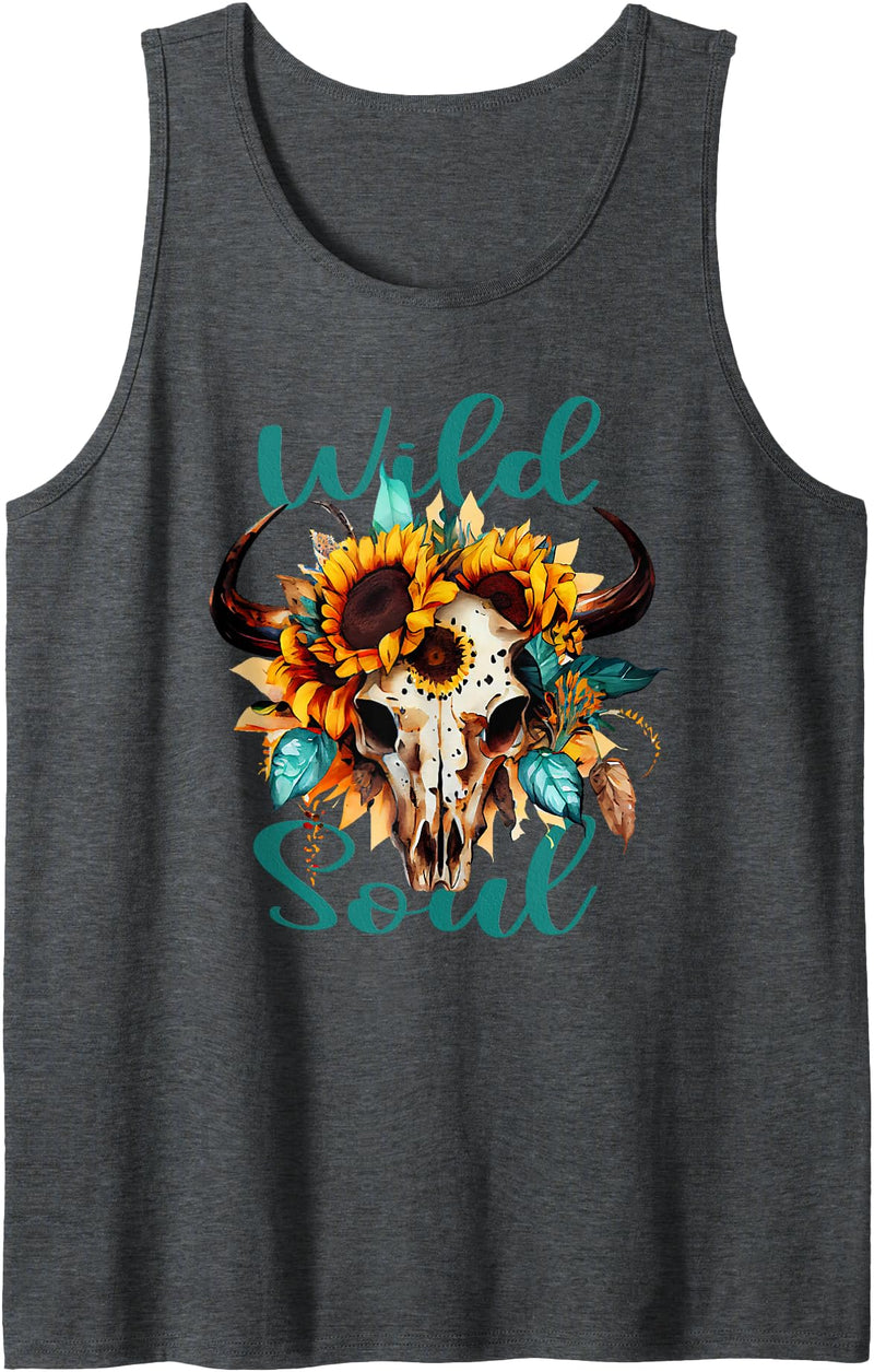 Sunflowers Western Leopard Serape Texas Mom Wild Soul Women Vintage Western Sunflower Boho Cow Skull Tank Top - Dark Heather