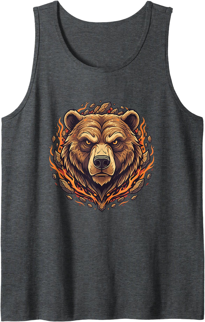 Wild Grizzly Bear Fire Mountain Nature Fiery Grizzly Bear Head Flames Wilderness Tank Top - Dark Heather Grey