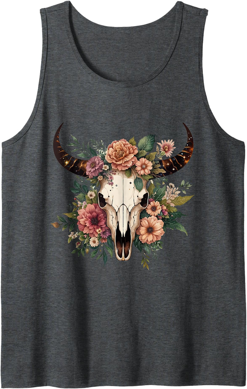 Funny Cow Skull Floral farm Western Country Outfit Boho Cow Bull Skull Flowers Wild west Western Cowgirl Texans Tank Top -