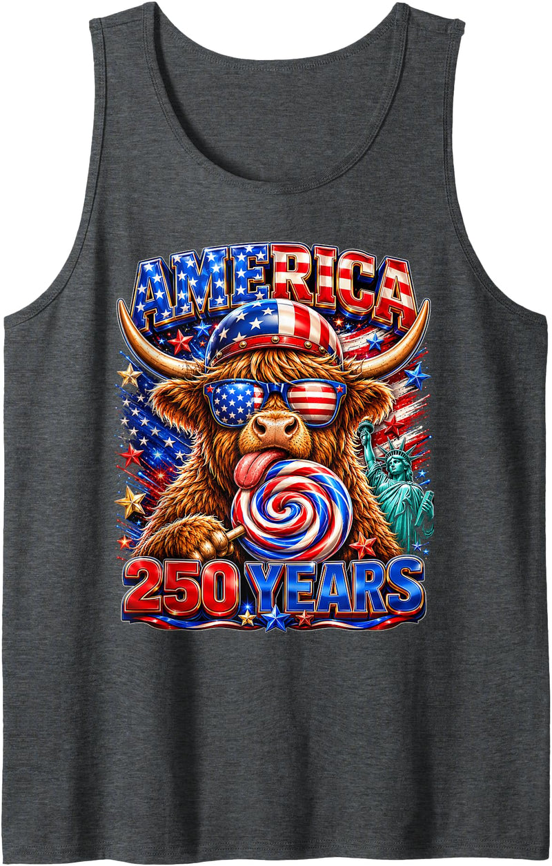 Patriotic Highland Cow Fourth of July USA Flag 1776 2026 America 250th Anniversary Highland Cow 4th of July Tank Top - Dark