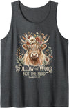 Religious Farmhouse Christian Cow Designs Christian Highland Cow Floral Follow The Word Not The Herd Tank Top - Dark Heather