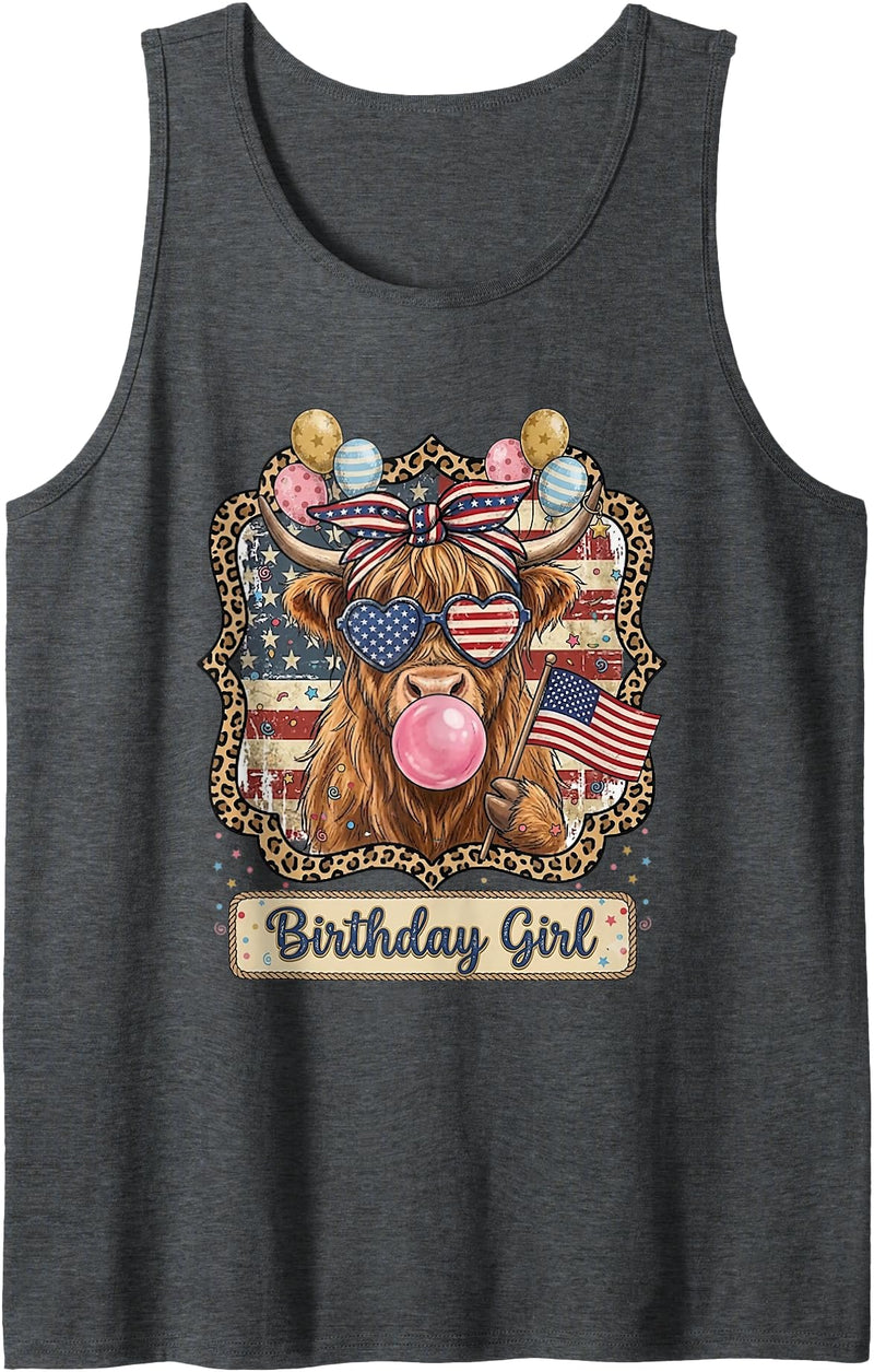 Patriotic Highland Cow Birthday Girl Flag Apparel Patriotic Highland Cow Birthday Girl Flag Design Tank Top - Dark Heather