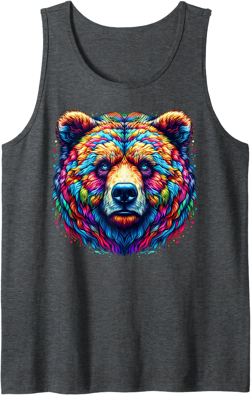 Grizzly Bear Illustration Tie Dye Cool Grizzly Bear Spirit Animal Illustration Tie Dye Art Tank Top - Dark Heather Grey