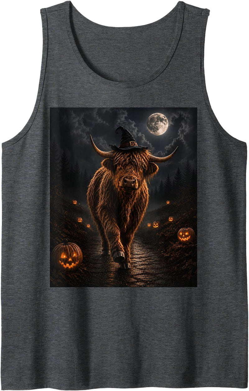 Spooky Highland Cow Halloween Farm Anima Highland Cow Halloween Witch Hat Moon Pumpkin Night Tank Top - Dark Heather Grey