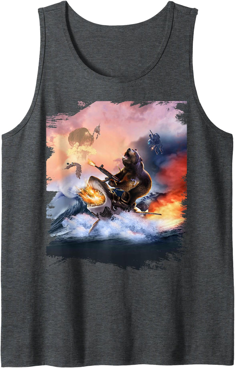 Random Galaxy Bear Riding Shark Funny Tank Top - Dark Heather Grey