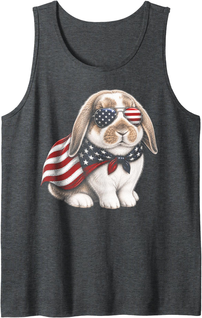 Holland Lop Rabbit 4th of July US American Flag Patriotic Tank Top in Dark Heather Grey