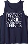 Funny BBQ Garden Meat Grilling Bear Drinking Shirt THAT'S WHAT I DO I DRINK & I GRILL AND I KNOW THINGS Design Tank Top - Navy Blue