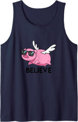 BoredKoalas Puns Believe Flying Pig with Sunglasses Funny Animal Puns Gift Tank Top - Navy Blue