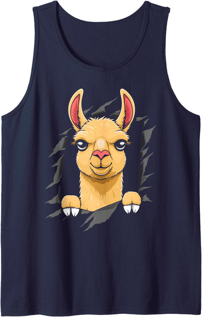 Llama looks from torn fabric Cute llama torn fabric funny llama lovers kids women men Tank Top